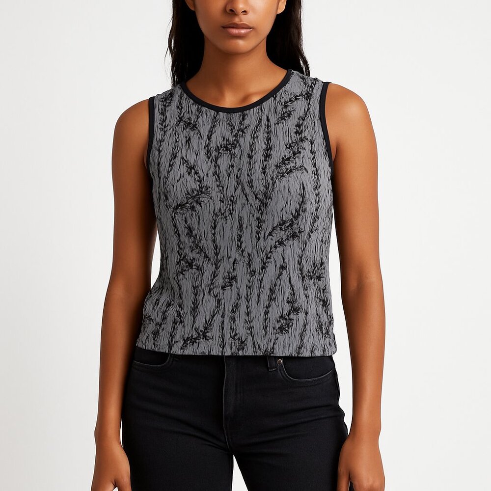VUE POINT‎ VINTAGE 90s Crinkle Mesh Sheer Tank Top Black Floral Overlay S